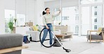 Cleaning, music and woman dance with vacuum, headphones and fun in her home on the weekend. Housekeeping, earphones and female dancing to radio, podcast and spring clean her house with dust machine