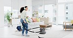 Music, cleaning and woman dance with vacuum, headphones and fun in her home on the weekend. Housekeeping, earphones and female dancing to radio, podcast and spring clean her house with dust machine