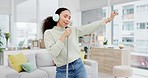 Music, singing and woman dance with broom, headphones and playlist while cleaning house on the weekend. Radio, karaoke and female sing to podcast, song or audio track with earphones for spring clean