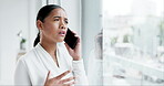 Thinking, work and a talking woman on a phone call for planning, idea or networking for business. Window, office and a corporate employee speaking on a mobile for communication or discussion