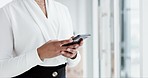 Phone, typing and business woman in office online for internet chat, social media and mobile app. Corporate worker, network and hands of person on smartphone for contact, website research and email