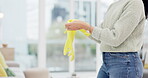 Rubber gloves, cleaning and hands protection by woman in home living room ready for hygiene, protection or disinfection. Dirt, dust and person or cleaner doing domestic or sanitary housekeeping work