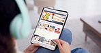 Person hands, tablet and food delivery, grocery and online shopping e commerce, website design or retail marketing. Customer or user on digital screen, scroll for product choice or healthy lunch menu