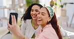 Women friends, selfie and smile on sofa, excited or together for social media, blog or post on web. Girl partnership, content creator and smartphone for memory, photography or profile picture in home