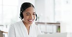 Smile, call center and business woman in office consulting for customer support, crm or contact us. Happy, advice and lady lead generation consultant with friendly, service or b2b virtual assistance