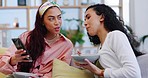 Lesbian couple on sofa together with phone, eating breakfast and checking social media post in home. Morning bonding, relax and lgbt women on couch in living room with cellphone, meme and food bowl.