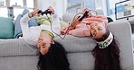 Women friends, sofa and controller for gaming together, relax and online challenge in home living room. Girl, video game and excited people on couch, lounge and competition with happy chat in house