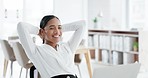 Relax, smile and businesswoman with a complete project in the office for success and achievement. Happy, stretching and professional female lawyer resting on her lunch break after finishing work.