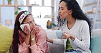 Crying, friends and talking about a breakup on the sofa, support and sad about love together. Help, care and women speaking on the home couch about a divorce, mental health or relationship stress