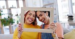 Women, face and selfie with frame, moving and real estate with couple of friends and new house. Property, portrait and happiness, memory and mortgage with investment and friendship, smile in picture