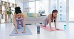 Wellness, yoga or women stretching in class for meditation, exercise or fitness workout in zen house studio. Flexible, peace or healthy friends in training in calm table pose for body balance at home