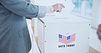 Casting vote, ballot in box and hand in election, USA referendum or democracy. Poll station, process and person in choice, decision or government selection, politics party and American administration