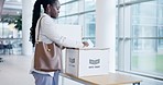 Voting, smile and a black woman with a ballot in a box for social, government or change in politics. Happy, decision and an African girl with a paper for a choice during an election campaign