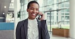 Happy black woman, phone call and talking in business communication or conversation at the office. African female person or employee speaking on mobile smartphone in corporate discussion at workplace