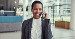 Happy black woman, phone call and business conversation in communication or networking at office. African female person or employee speaking on mobile smartphone in corporate discussion at workplace