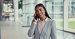 Happy business woman, phone call and walking at office in communication, conversation or listening. Female person or employee talking on mobile smartphone in company building, discussion or proposal