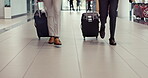 Airport luggage, business people and legs walking for global journey, plane travel or international opportunity. Immigration, flight schedule and closeup team, shoes and steps to airplane booking