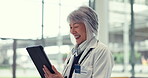 Happy senior woman, doctor and tablet in Telehealth, virtual meeting or communication at the hospital. Mature female person, medical or healthcare professional talking on technology at the clinic