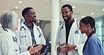 Doctors, teamwork and collaboration on hospital tablet for medical service, solution and research or management. Healthcare mentor, nurse and people on digital technology, talking of clinic results