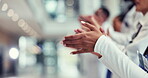 Hands, support and applause with business people at work in celebration of a bonus, award or achievement together. Target, goal or motivation with an employee group cheering a promotion in the office