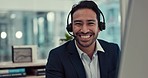 Happy businessman, call center and face in customer service, support or telemarketing at office. Portrait of asian man, consultant or agent smile with headphones in online advice or help at workplace