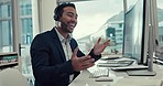 Happy businessman, call center and consulting in customer service, support or telemarketing at office. Asian man, consultant or agent talking with headphones in online advice or help at the workplace