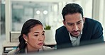 Business people, teamwork and support on computer for financial solution, Human Resources payroll and planning. Corporate employees or asian man and woman on desktop for HR budget, advice and helping