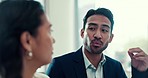 Business people, coaching and manager with employee, training and explain process with advice, mentor and feedback. Corporate, staff and man with woman, supervisor and review kpi targets in workplace