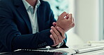 Businessman, hands and wrist pain from typing, overworked or carpal tunnel syndrome at the office. Closeup of asian man or employee with joint ache, inflammation or arthritis on computer at workplace