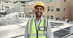 Man, face and construction worker, solar panels and maintenance, urban infrastructure on rooftop. Asian builder outdoor, portrait and renewable energy with photovoltaic, contractor and sustainable