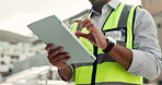 Man, technician and hands on tablet in city for solar panel installation, electrical maintenance or inspection on rooftop. Closeup of person or engineer working on technology for renewable energy