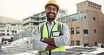 Happy asian man, architect and arms crossed on rooftop in city for professional solar panel installation or construction. Portrait of male person, engineer or contractor smile in renewable energy