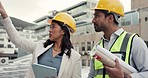 People, architect and tablet on rooftop in planning, strategy or construction ideas in city. Engineering man and woman or contractor team with technology in meeting, project or building plan on site