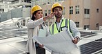 People, architect and blueprint on rooftop in construction, planning or building inspection together on site. Man and woman, contract or engineering team in project or floor plan in city architecture