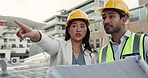 People, architect and blueprint on rooftop in planning, building inspection or construction together on site. Man and woman, contract or engineering team in project or floor plan in city architecture