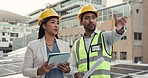 People, architect and tablet on rooftop in planning, building inspection or construction together on site. Man and woman, contract or engineering team with technology in project or city architecture