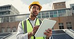 Asian man, architect and tablet in solar panel, inspection or construction maintenance on rooftop. Male person, contractor or engineer working on technology in quality control or renewable energy