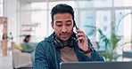 Man, phone call and work from home communication, laptop planning and networking for marketing opportunity. Young worker or freelancer talking on mobile, advice or support of website design on laptop