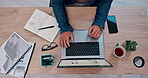 Business person, hands and computer for planning, data analytics or website design research at office desk above. Worker typing on laptop keyboard of marketing ideas, notebook stats and project goals