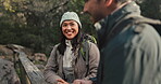 Travel, hiking and discussion with couple in forest for relax, fitness and adventure. Love, calm and health with man and woman talking in nature for vacation, trekking and camping holiday together