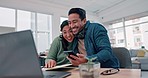 Phone, hug and happy couple celebrate news of financial budget, savings report or home tax return, bank payment or insurance. Mortgage, announcement or people excited for online shopping notification