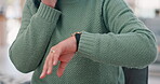 Check, watch and phone call with woman planning her time, schedule or booking an appointment with work, client or date. Mobile, conversation and checking wrist for clock, hour or late meeting 