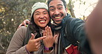 Engagement, selfie and couple with ring on hand for social media, profile picture or happy outdoor proposal on hiking adventure. Portrait, man and woman smile with diamond, jewelry and love together