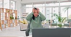 Business woman, stress and burnout in office from chaos, multitasking and deadline. Headache, tired professional and online work with a employee with company report, phone call and workplace crisis