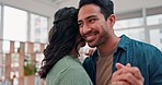 Home, dance and couple with love, smile and support with marriage, streaming music and bonding in a living room. Motion, man and woman embrace, sound and energy with audio, happy and loving together