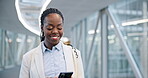 Phone, walking and black woman typing in airport, hotel lobby or business office. Happy, smartphone and African consultant travel on social media, mobile networking and reading email on internet app