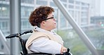 Wheelchair, travel and young business woman with a disability at the airport for flight, travel or trip. Inclusive, traveling and profile of female traveler smile for easy access or mobility in lobby