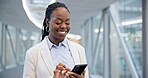 Smartphone, walking and black woman typing in airport, hotel lobby or business office. Happy, phone and African consultant travel on social media, mobile networking and reading email on internet app