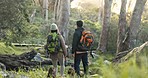 Hiking, back and couple outdoor on a forest path for exercise, workout and adventure. Walking, trekking and young people in nature in the woods for travel fitness journey together with backpack