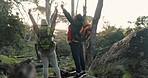 Hiking, couple and celebration from back in woods and forest path with adventure achievement. Success, happy and people on a backpack vacation with fitness and exercise excited from trekking outdoor